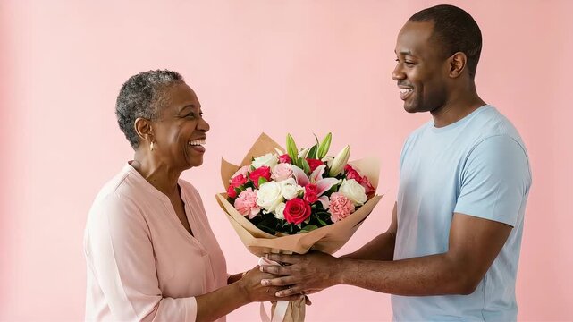A senior mother is delighted to receive a large bouquet of flowers from her grown-up son.