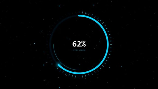 A futuristic circular progress bar displays 62 percent on a dark screen with blue accents.