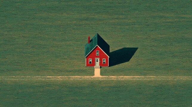 Minimalist aerial view of a small white house with red roof standing alone in large green field. Solitude, rural living, home ownership, peaceful countryside simple lifestyle. Geometric composition