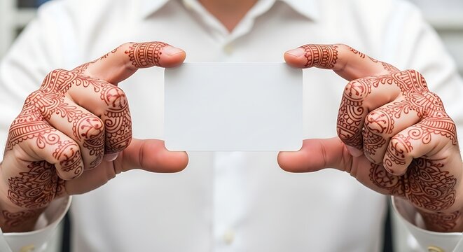 A man in a white shirt holds up a blank card with henna decorated hands.