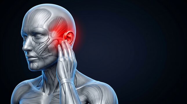3D rendering of human head and upper body showing muscle anatomy with highlighted pain in the temporomandibular joint area.
