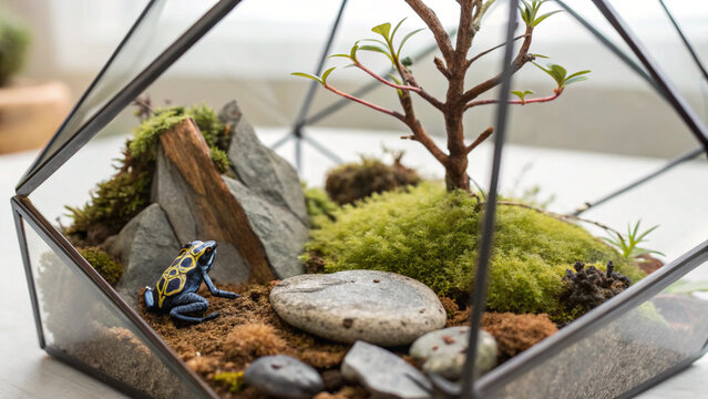 Small dart frog in a geometric glass terrarium