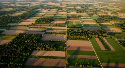 Fototapeta premium Top Down Drone Landscape Showing Mosaic Pattern of Farmland and Forest from Above