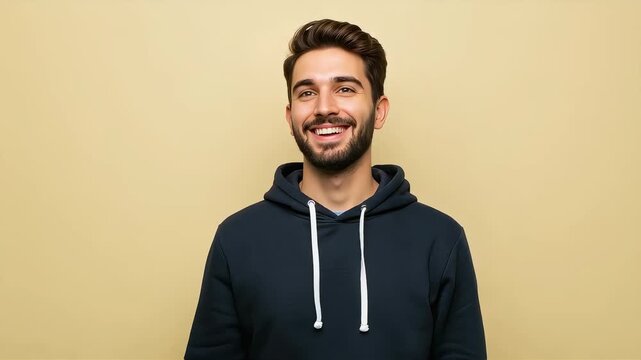A man smiles, points upwards, and then looks at the camera after an idea strikes him.