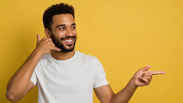 A man smiles and points to the side while making a phone gesture, trying to solicit business.