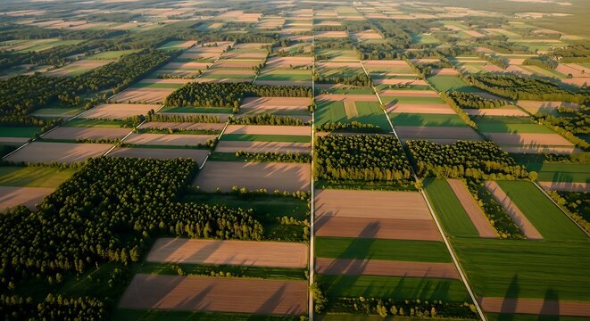 Top Down Drone Landscape Showing Mosaic Pattern of Farmland and Forest from Above