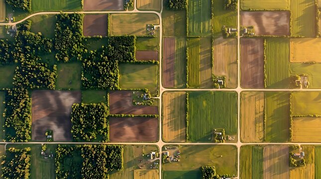 Top Down Drone Landscape Showing Mosaic Pattern of Farmland and Forest from Above