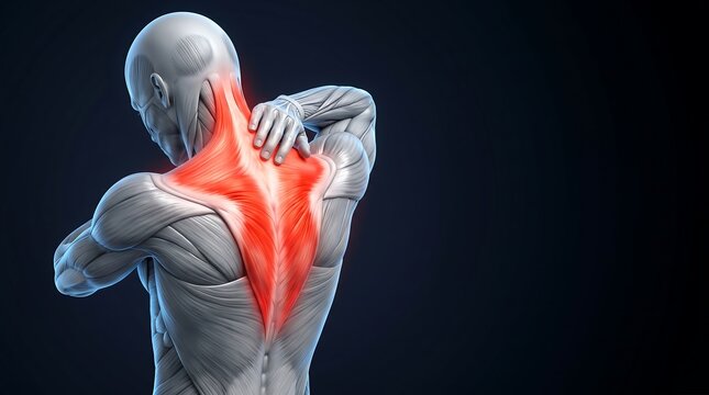 3D rendering of a human male figure experiencing upper back and neck pain, with highlighted muscles.