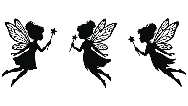 Set of cute fairy silhouettes with magic wands