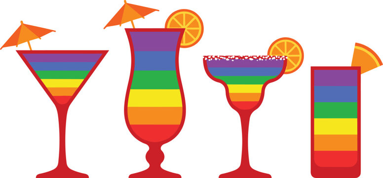 Rainbow cocktail drinks vector set featuring layered pride colors margarita martini highball glass with orange slice and parasol