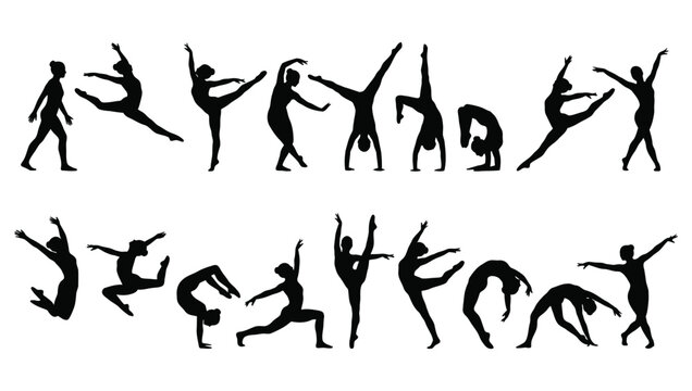 Set of silhouettes of gymnasts and dancers performing various acrobatic moves