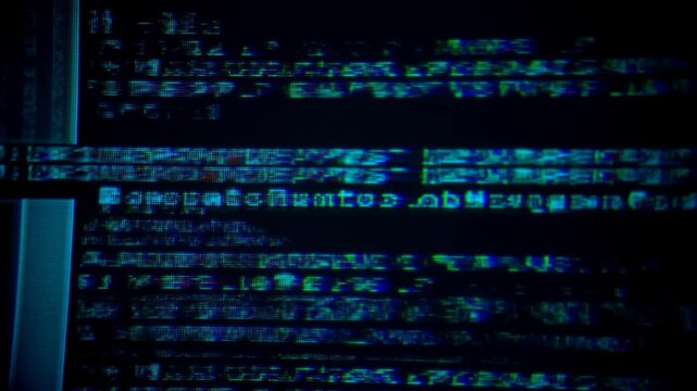 Handheld push in close up of glitching computer code scrolling across monitor in dark server room