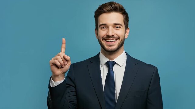 A young businessman in a suit is seen smiling brightly and raising his index finger in front of a light blue background.