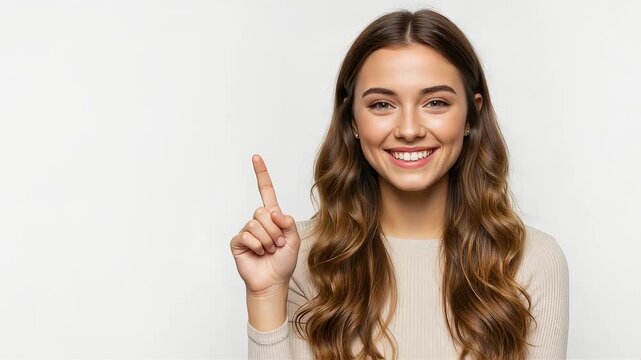 A young woman with long hair makes a suggestion with a bright smile and holding up her index finger in front of a white background.
