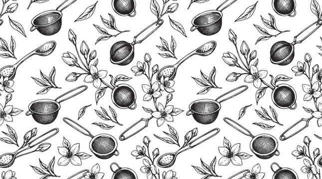 Hand drawn tea strainer and jasmine flower pattern, monochrome botanical illustration for kitchen textile and packaging design