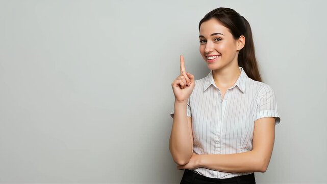 A smiling businesswoman explains a point using her index finger (gray background).