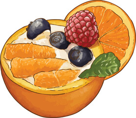Vector illustration of a healthy breakfast orange yogurt boat topped with raspberry, blueberries, orange segments, and a mint leaf © dolphinno