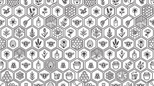 Honey bee and honeycomb seamless pattern with floral elements and beekeeping icons in black and white vector