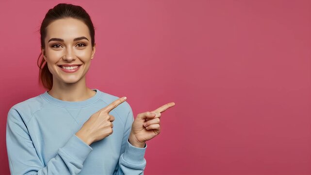 A woman in a blue sweatshirt is facing sideways in front of a pink background, happily pointing with both hands.
