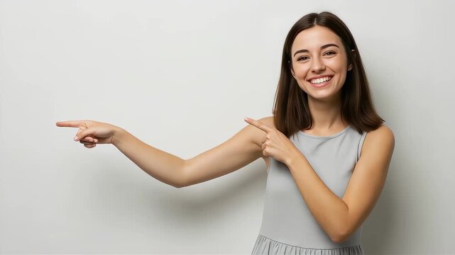 A smiling woman points to the left as she introduces something.