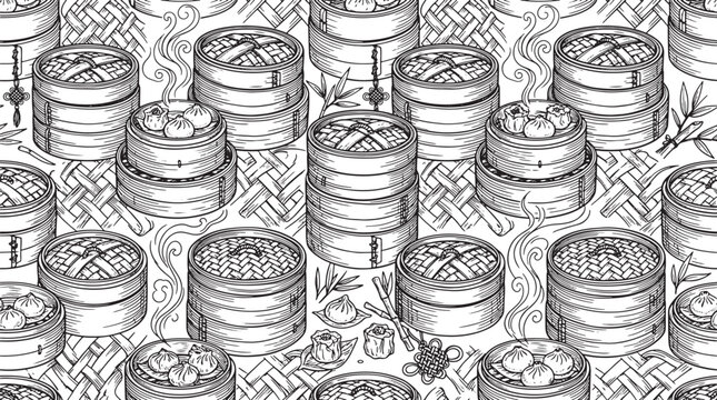 Seamless pattern of bamboo steamer baskets with dim sum dumplings, hand drawn black and white vector illustration