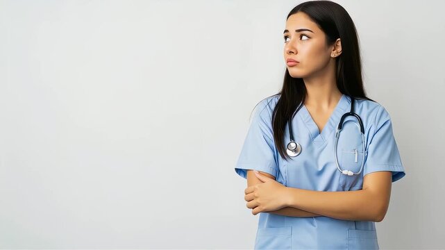 A female doctor with her hand on her chin, looking deeply troubled.