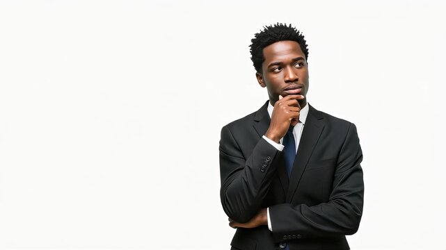 A businessman in a suit puts his hand to his chin and thinks.