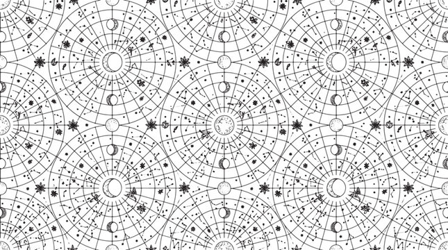 Seamless pattern with celestial moon phases and star constellations in a vintage hand drawn engraving style vector