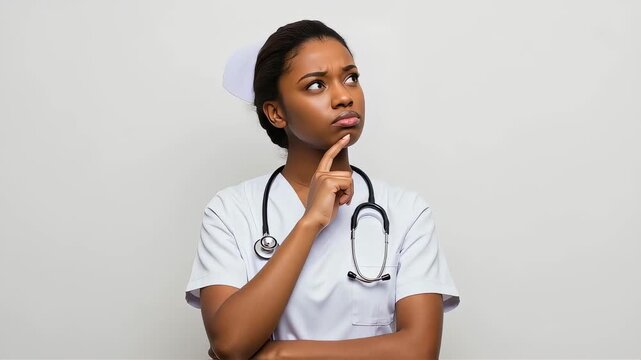 A female nurse is seriously trying to remember something.