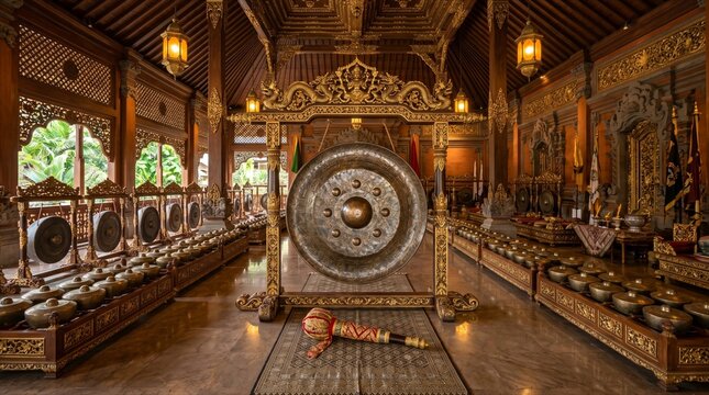 A magnificent traditional Balinese gamelan orchestra set with a grand central gong in an ornate pavilion - ideal for cultural heritage content, travel and tourism promotion, music education resources,