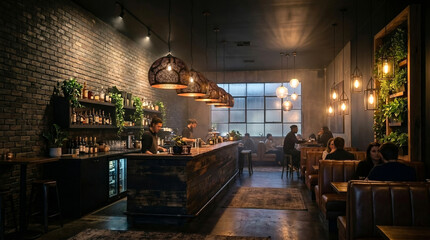 Fototapeta premium Luxury restaurant and lounge space showcasing biophilic architecture with lush vertical gardens and sophisticated ambient lighting.