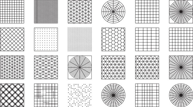 Set of geometric grid patterns and technical drawing templates with circular and square line structures vector illustration