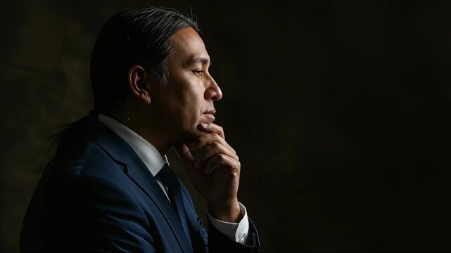 The profile of a man in a suit deep in thought in the darkness