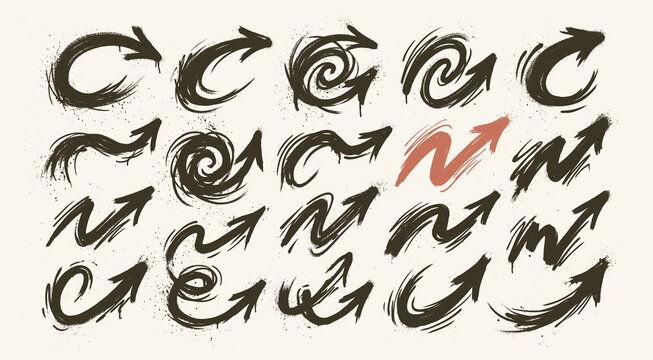 Set of hand drawn grunge doodle spiral and curved charcoal, chalk arrows. Brush, marker drawn thin arrows set. Hand drawn doddle arrow set. Charcoal hand drawn pencil arrows.Vector illustration.