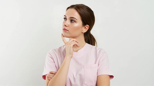 A woman in a pink dress stands in front of a white background, her hand on her chin, deep in thought.