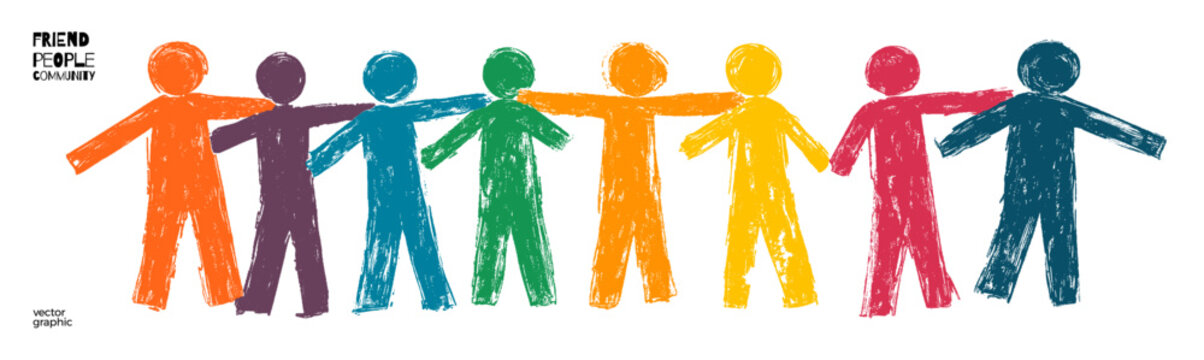 Illustration of diverse people in rainbow colors holding hands in unity, representing community, diversity, and friendship. Artistic rendering, symbolizing togetherness, support.