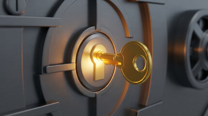 Fototapeta premium Glowing gold skeleton key entering a maze keyhole on a steel vault door, representing financial solutions and unlocking market potential.