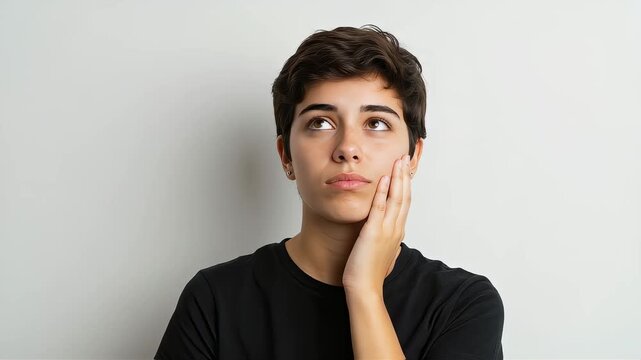 A short-haired woman with her hand on her cheek, looking up with an anxious expression.