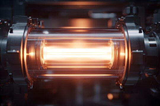 High tech cylindrical chamber confining a glowing ionized plasma reaction for advanced nuclear fusion research