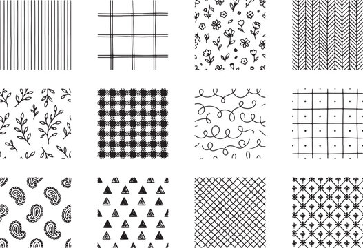 Set of hand drawn seamless patterns with geometric shapes floral elements and abstract lines in black ink