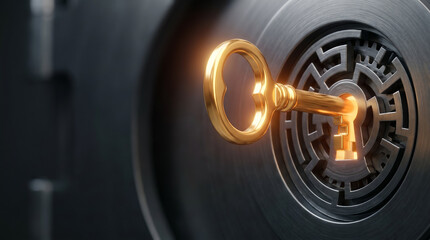 Fototapeta premium Glowing gold skeleton key entering a maze keyhole on a steel vault door, representing financial solutions and unlocking market potential.