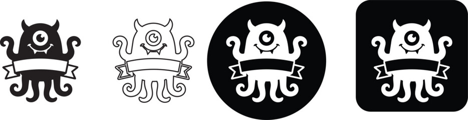 Cute cartoon horned octopus monster icon set with ribbon banner and one eye © Nusrat