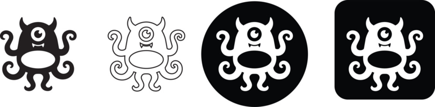 Cute little horned octopus alien monster icon set with single cyclops eye