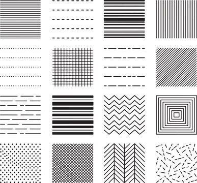 Set of sixteen hand drawn geometric patterns with lines dots and grids for graphic design background elements