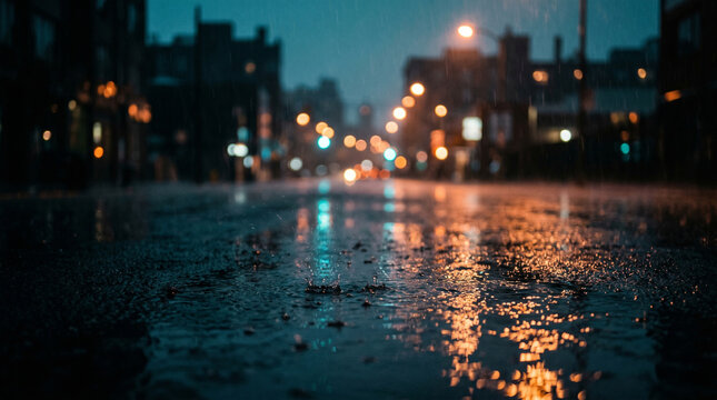 Rainy city street at night with bokeh lights and wet road reflections