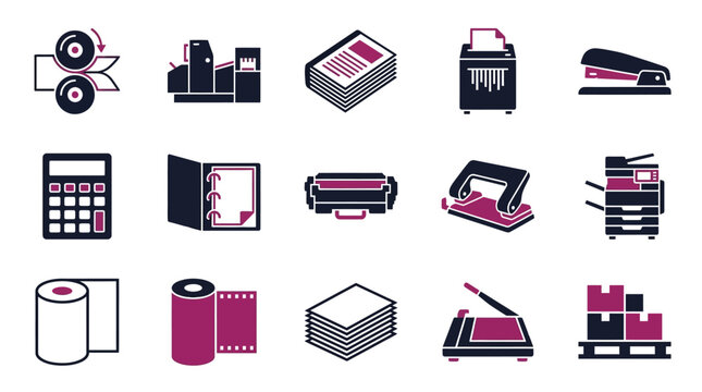 Office supplies and printing tools icons.