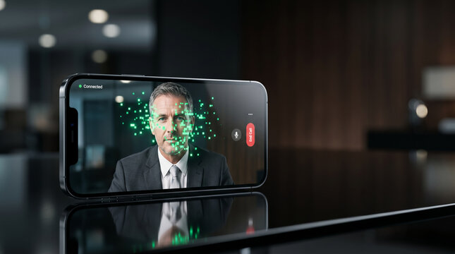 Smartphone displaying a pixelated video call on a dark desk, representing deepfake technology, identity theft, and corporate cyber threats.