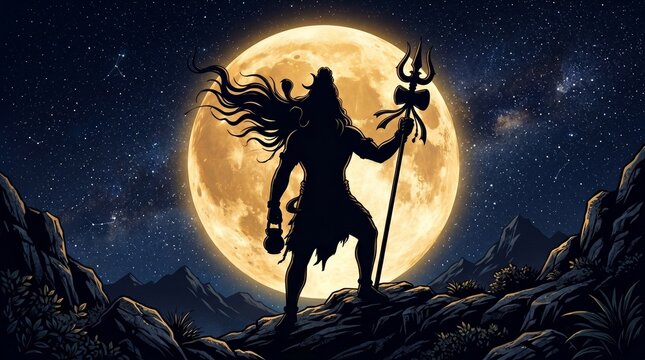 Lord Shiva Silhouette Vector with Trishula Standing on Mountain Peak Against Giant Full Moon and Starry Night Sky Background