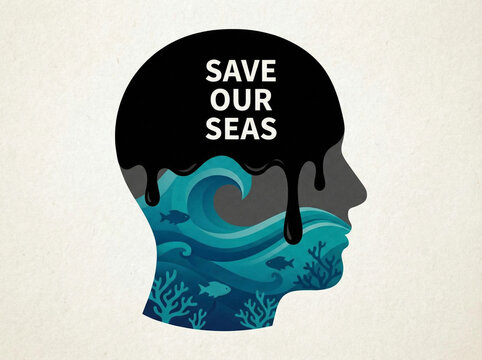 Human head silhouette with ocean waves and coral, featuring the text "Save Our Seas" in a graphic illustration. Concept of environmental pollution, marine life threat, oil spills, ecological crisis