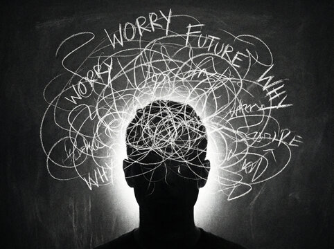 Human head silhouette with chaotic scribbles representing thoughts and worries, illuminated from behind against a dark background, conveying mental clutter and anxiety, space for text